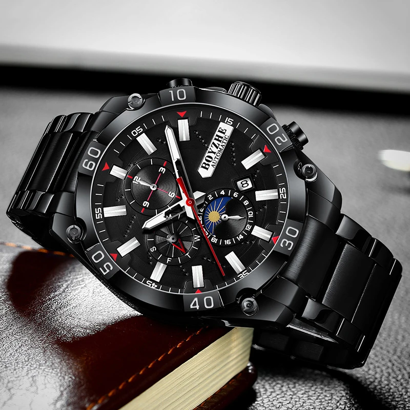 Watches Mens BOYZHE Top Brand Luxury Mechanical Watch for Men Stainless Steel Sport Waterproof Moon Phase Automatic Wristwatch