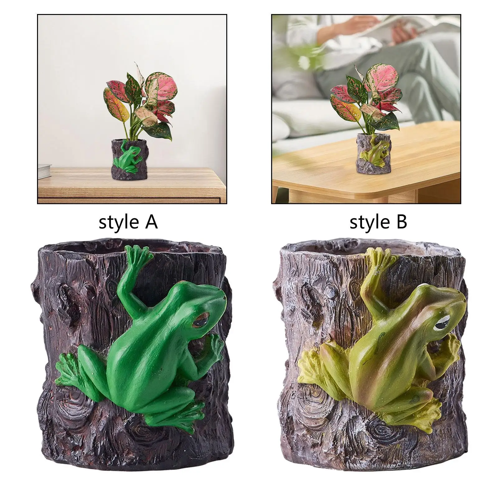 Flower Pot Planter with Frog Figurine Multifunctional Rustic Tabletop Ornament 3.9x3.9inch Polyresin for Bookshelf Cabinet