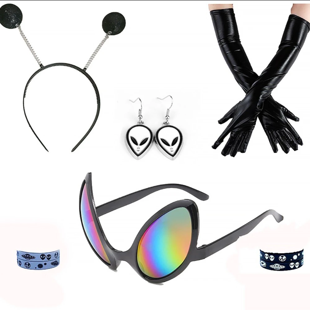 

PESENAR Space Alien Costume for Women, Holographic Skirt with Headband and Glasses Accessories Cosplay Dress