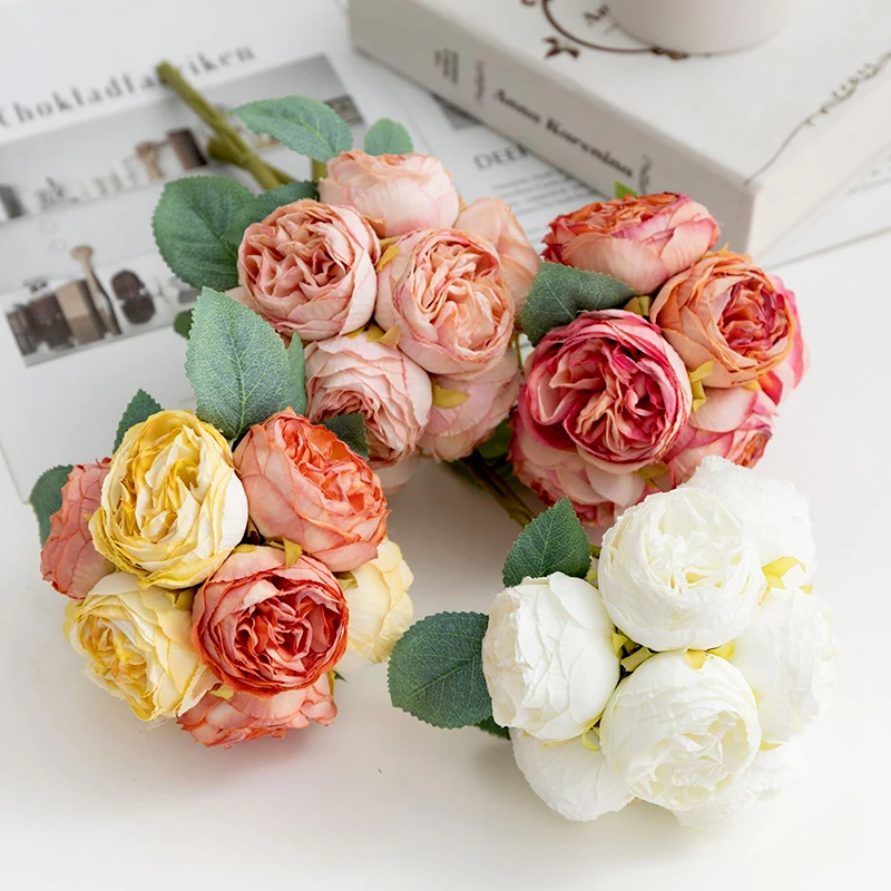 Artificial Roasted Edge Rose Retro Silk Peony Bouquet Wedding Fake Flowers Ornaments Valentine's Day Party Garden Home Decor