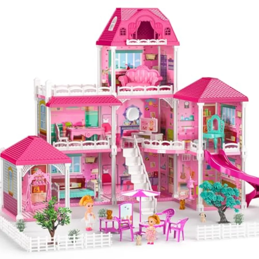 

3-Story 8 Room Indoor Playset for Girls Ages 3-7 with 2 Dolls Furniture and Accessories Pink Pretend Play Toy Birthday Gift for