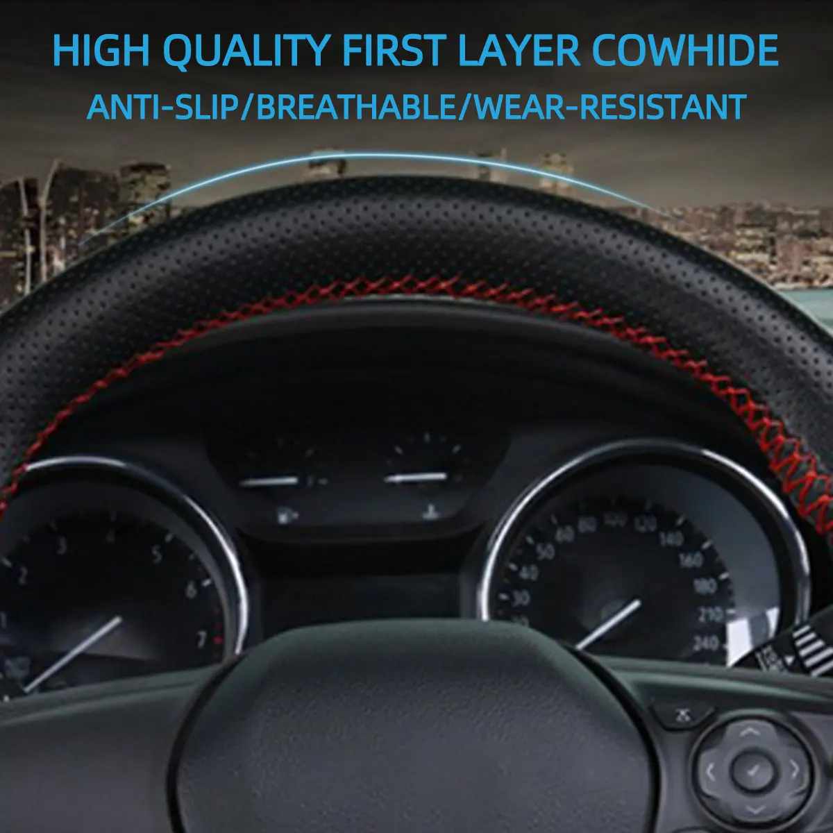 Genuine Leather Car Steering Wheel Cover with Needles Thread DIY Braid 37 38cm Anti-Slip Cowhide Steer-Wheel Protector