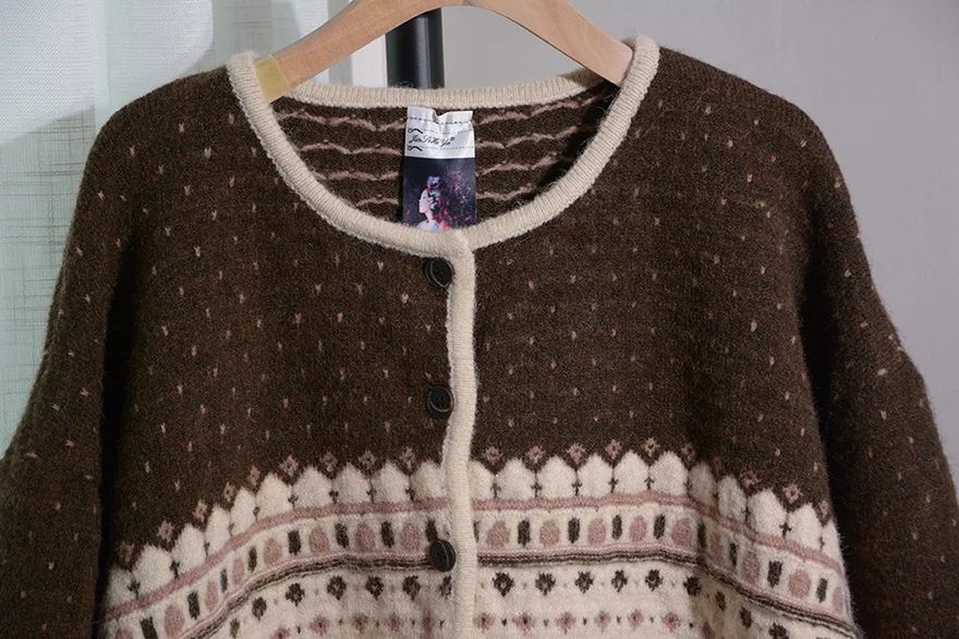 Retro-Kunststrickjacke mit runden Laternenmotiven, gestrickter Cardigan mit Thiened-Stickerei, offene Vorderseite, locker geschnitten, große Größe, modisch