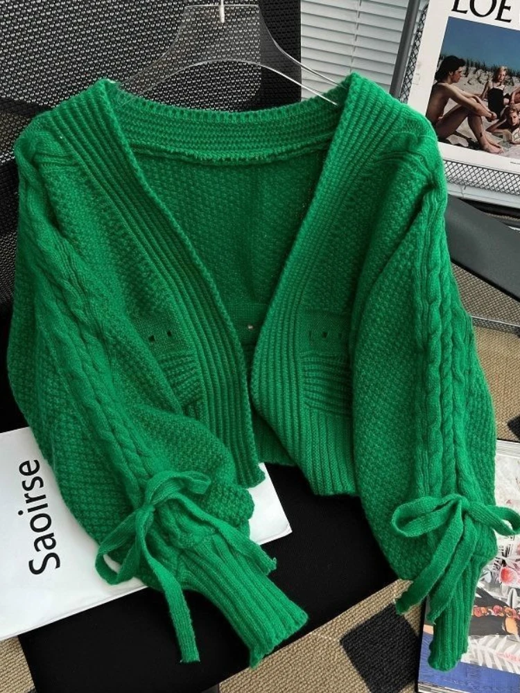 

Новинка весны, осени и зимы, вязаная короткая куртка-кардиган с бантом на шнуровке и длинными рукавами для женщин, однотонный ажурный свитер, пальто