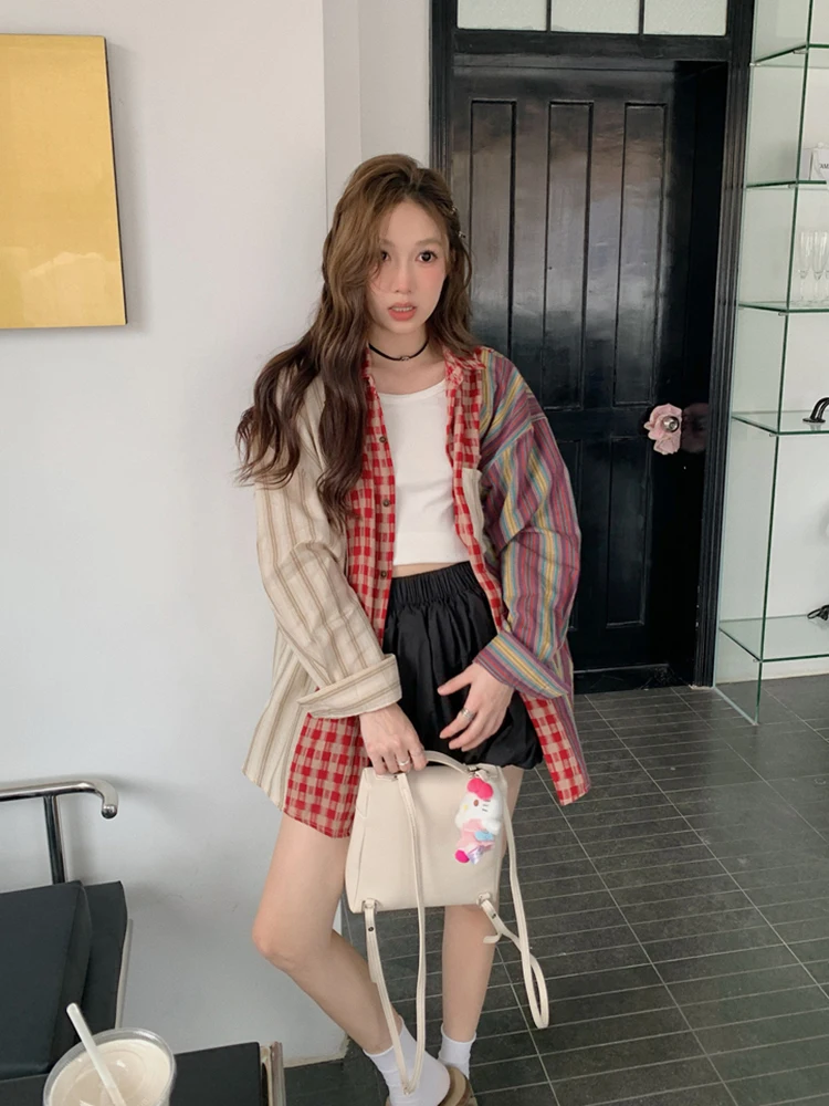 Oversized Plaid Patchwork Blouses Vintage Streetwear Boyfriend Shirt For Ladies Ulzzang Harajuku Long Sleeve 2024 Blusas Tops