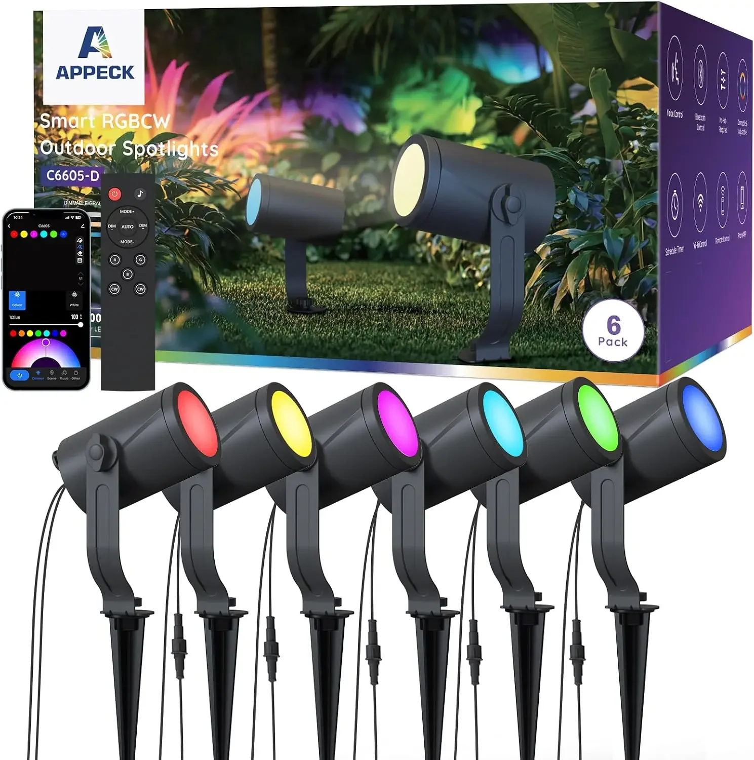 Smart Landscape Lighting Kit 36W, 6 Pack Outdoor Spot Lights RGBCW | Color Changing Landscape Lights, IP65 Waterproof