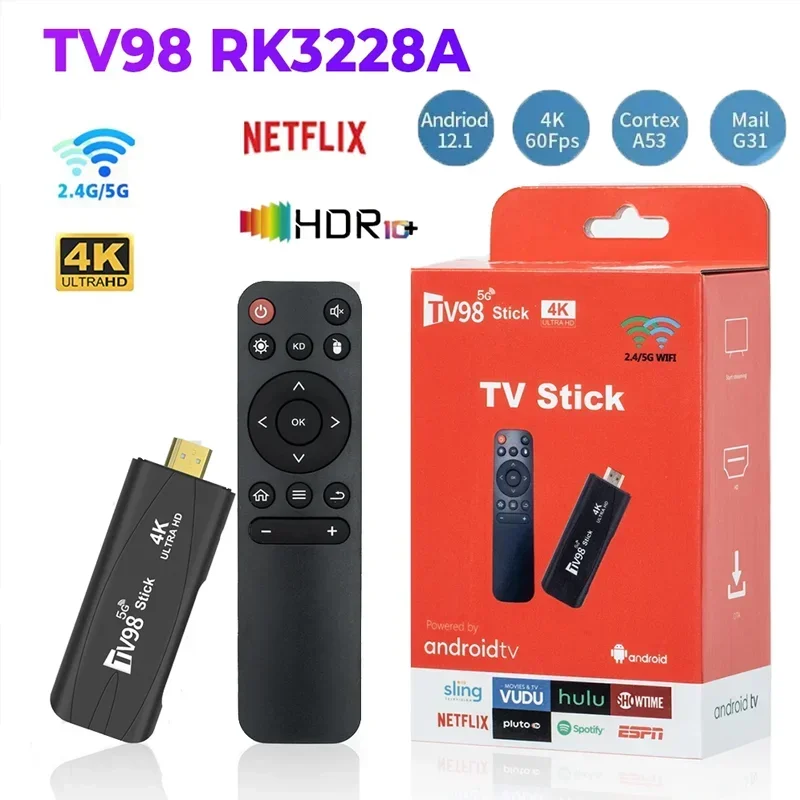 TV98 RK3228A TV Stick 2.4G 5G WiFi 4K Smart TV Android12.1 Box Dual Frequency TV Box Portable Media Player for Youtube NETFLIX