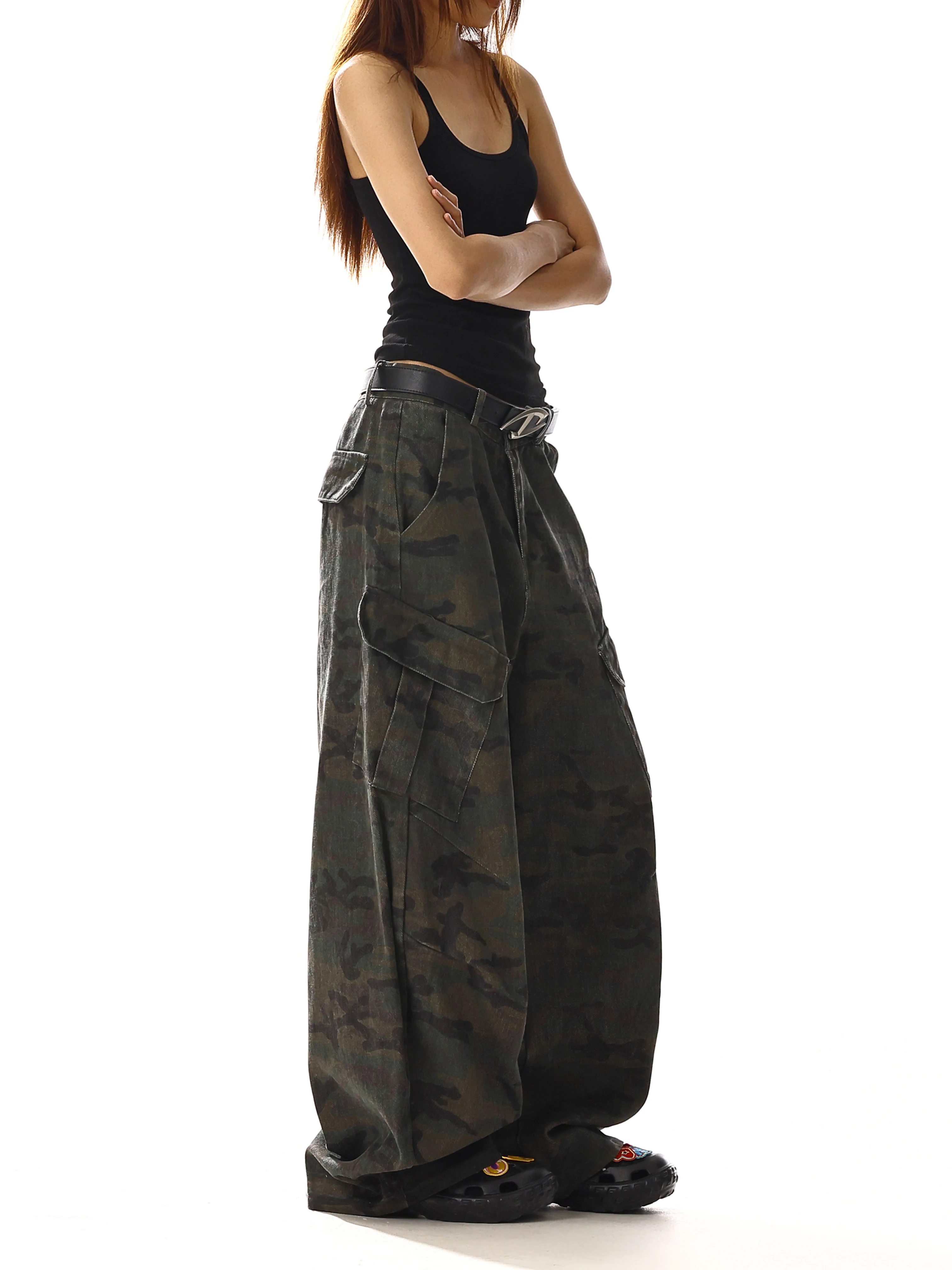 بنطلون جينز نسائي أخضر عسكري عالي الخصر عتيق مستقيم فضفاض Y2K من قماش الدنيم الهيب هوب موضة أمريكية بنطال دينم واسع الساق #4