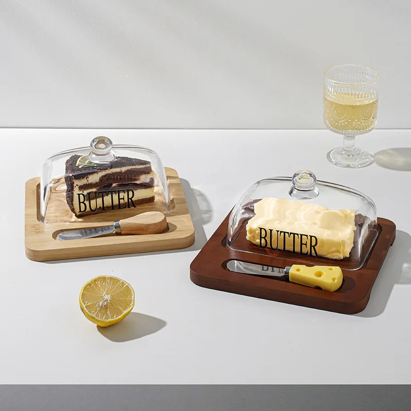 New Glass Lid Bamboo CheeseTray Butter Dish Cheese Cake Dessert Box With Knife Square Style