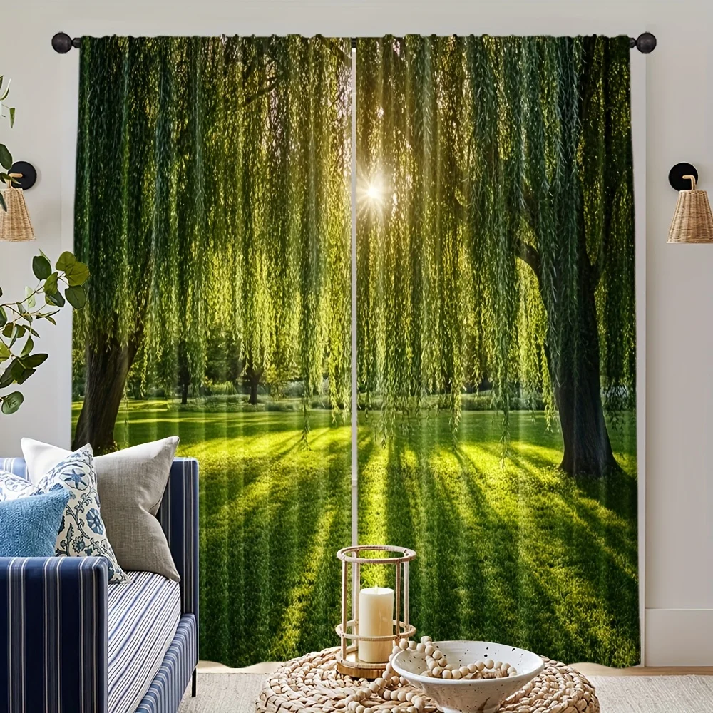 Realistic Green Willow Tree Curtain Sunlight Window Drapes for Living Room Home Decor
