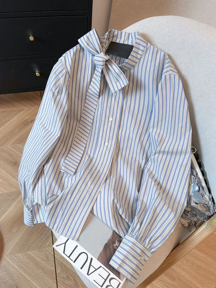 

Bow Lace Up Striped Shirts Women Loose Preppy Style Sweet Cute Blouse Female Spring Korean Stand Collar Vintage Long Sleeve Tops