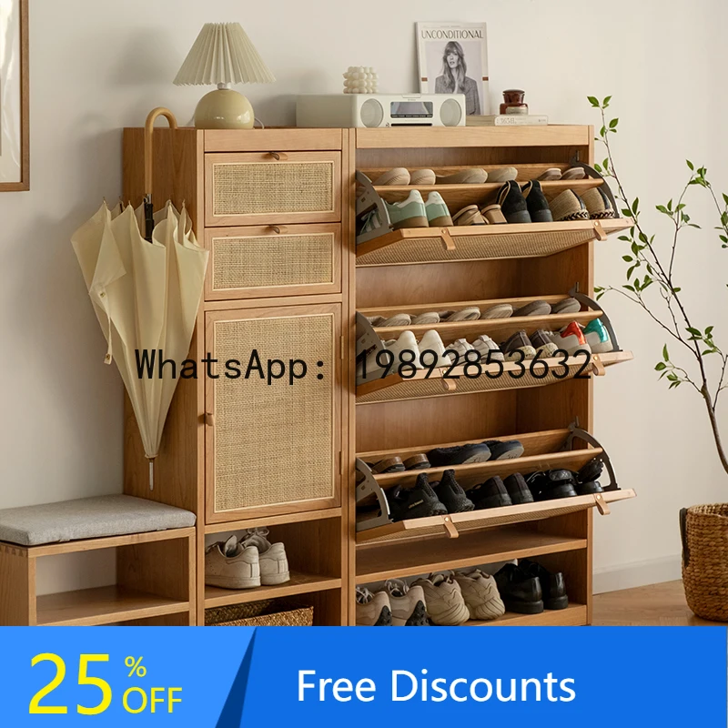 

Solid Wood Rattan Shoe Cabinet Large Capacity Entrance Hallway Nordic Style Home Ultra-thin Cabinet