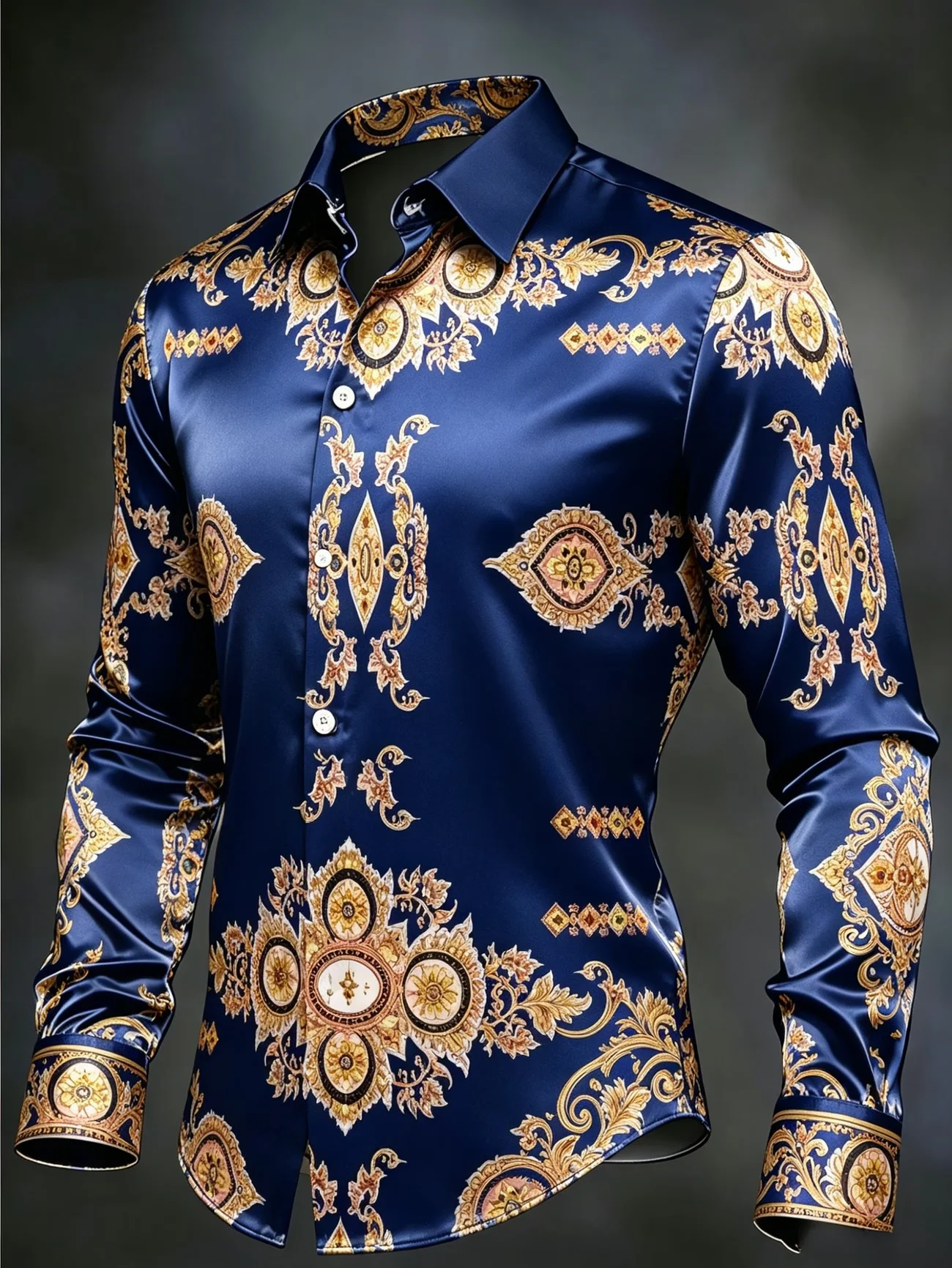 New Golden Phoenix Wave Flame National Style Printed Long Sleeve Shirt with Shiny Satin for Men's Top Clothing