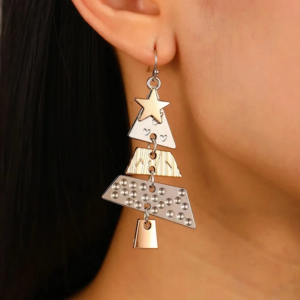 Christmas Tree Long Drop Earrings for Women, Hollow Star Tree Dangle Earrings, Punk Party Jewelry Gift