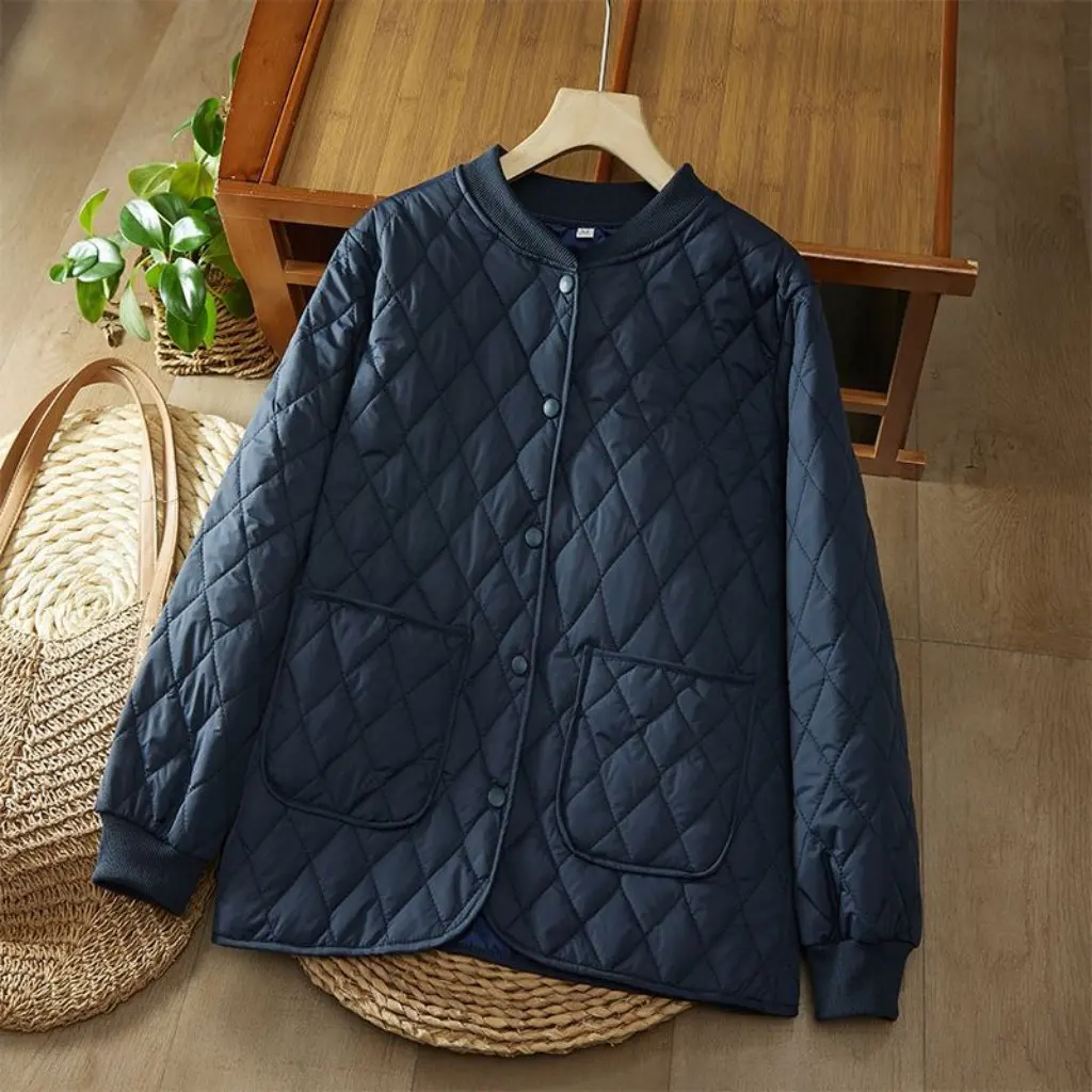 

Autumn Winter Cotton-Padded Jacket Thickened Warm Solid Color Retro Loose Diamond-Plaid Design Women's Fashion Outerwear
