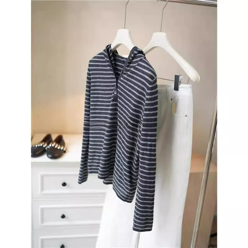 

Сверхлегкая вязаная толстовка в полоску Camere, женская антивозрастная повседневная универсальная длинная куртка с высоким воротником и пуговицами