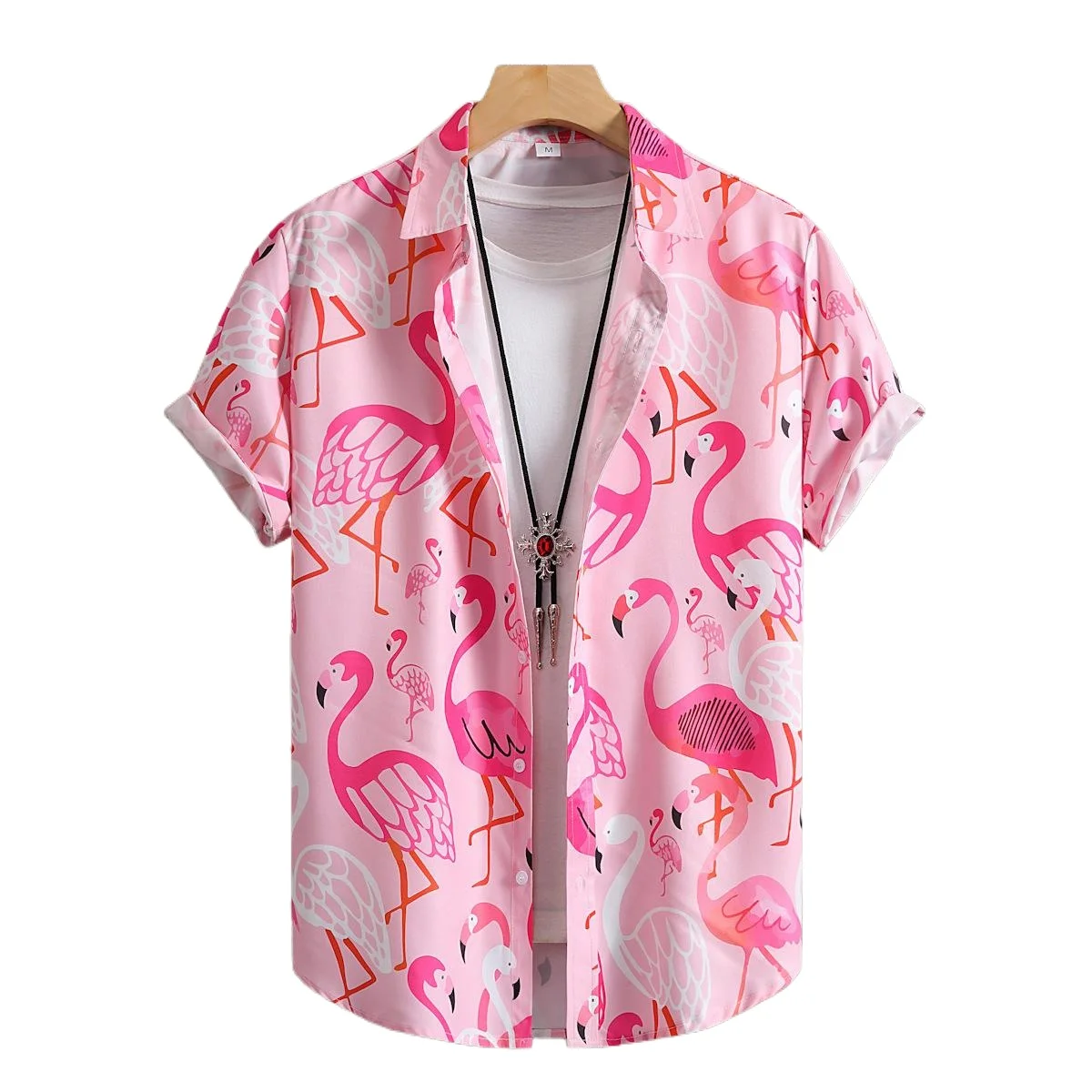 Men Casual Shirt Pink White Flamingo Summer Shirt Men\'s Short Sleeved Hawaii Shirt