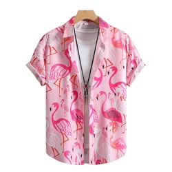 Men Casual Shirt Pink White Flamingo Summer Shirt Men's Short Sleeved Hawaii Shirt