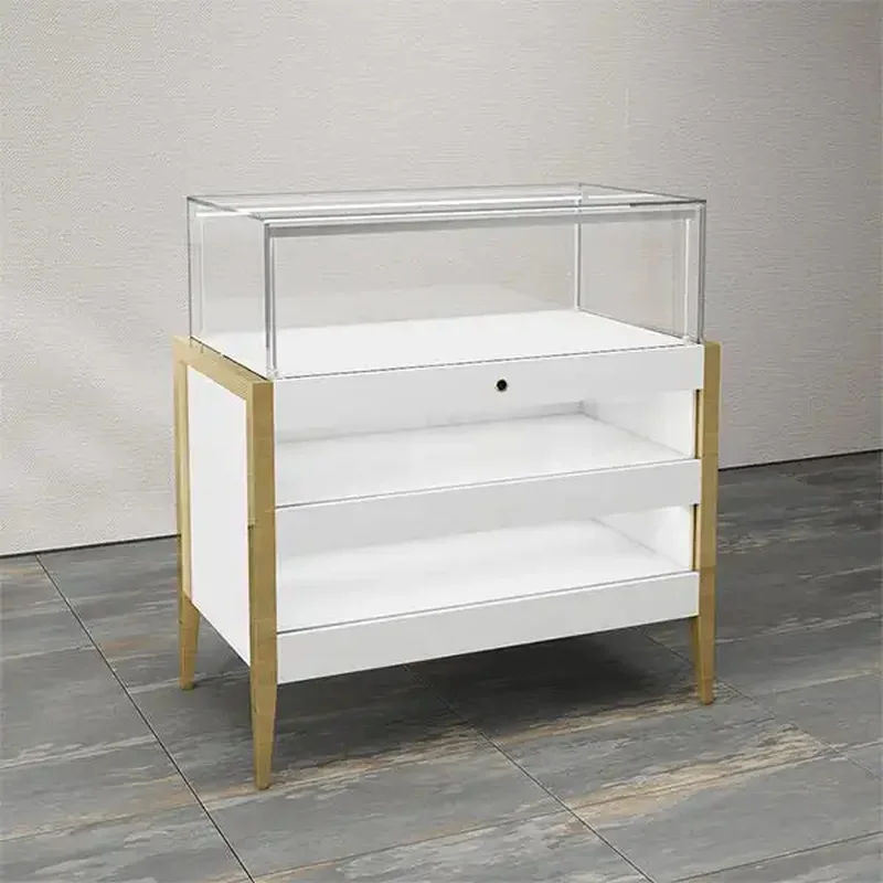 custom.White Lacquer Champagne Gold Stainless Steel Frame Pull-out Drawer Jewelry Display Counter Top Built-in LED Light Half-op