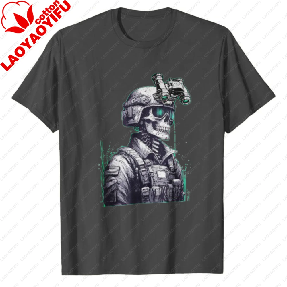 Summer Tactical Skull Night Vision Men's Oversized T-Shirt, Cyberpunk Soldier Graphic, Heavy Cotton Gothic Military Streetwear
