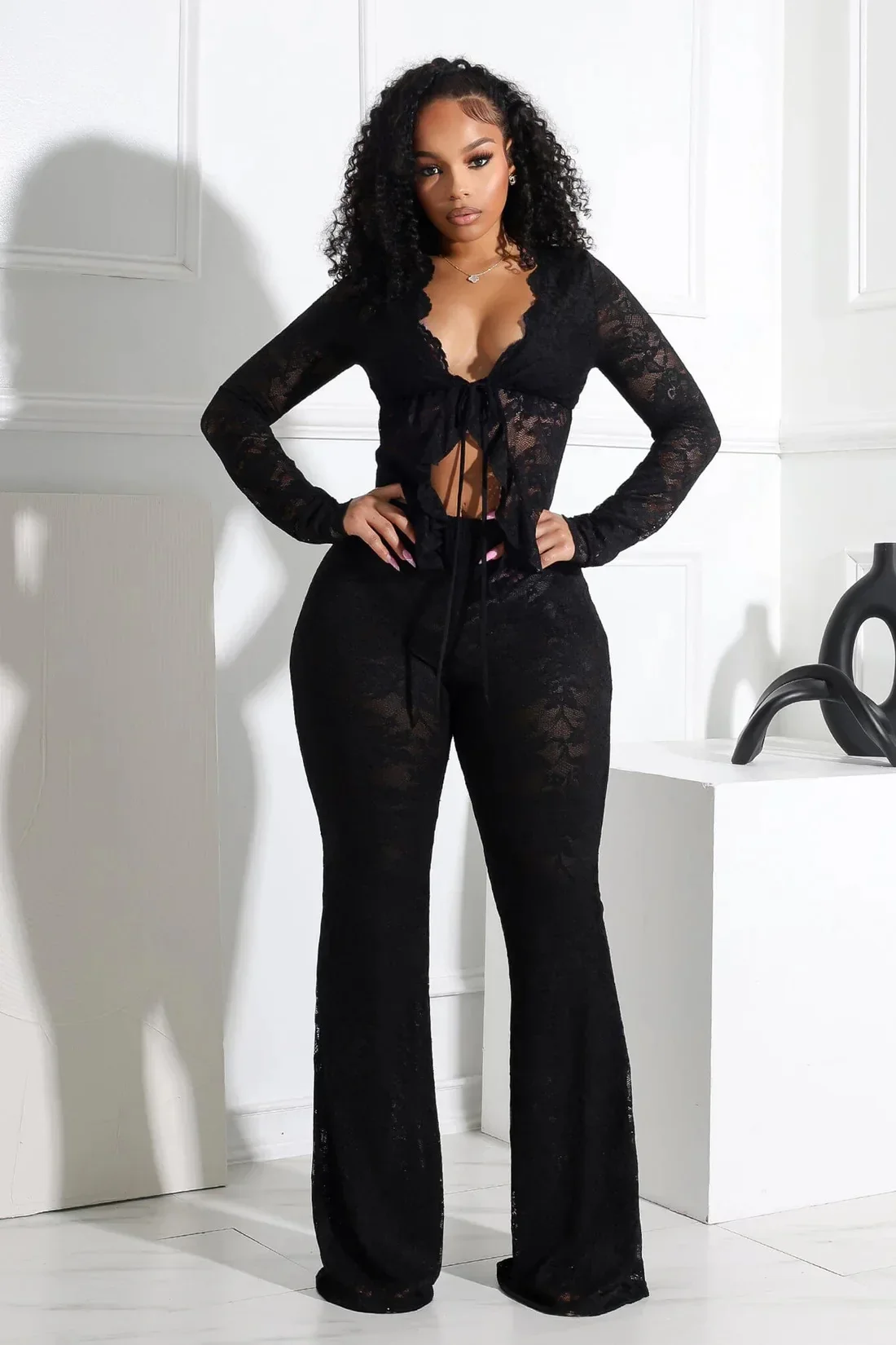 BWQ 2026 Women's Set Long Sleeve Lace See Through Shirt + Long Pants Street Evening Sexy Two 2Piece Sets Outfits Tracksuit