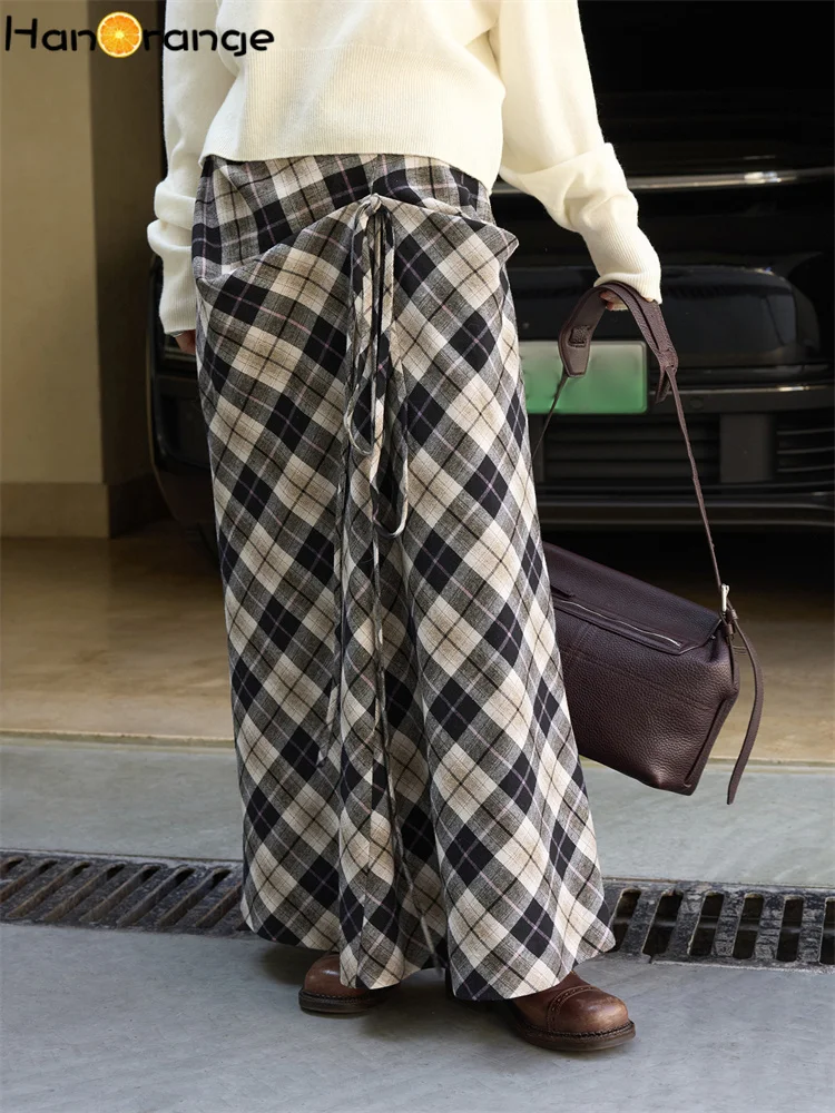 

HanOrange 2025, осень/зима, винтажная модная асимметричная контрастная полуюбка с узором Haig, длинная юбка высокого дизайна