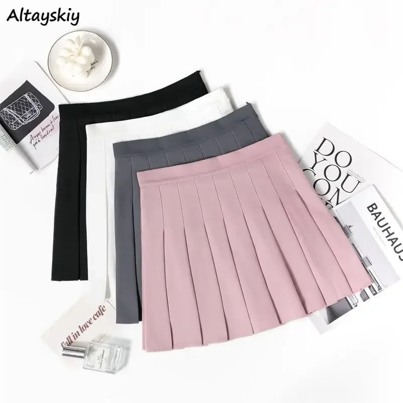 

Autumn Women Black Pleated Mini Skirts Preppy Classic A-line Korean Slim High Waist Skirt Students Schllogirls Streetwear Basic