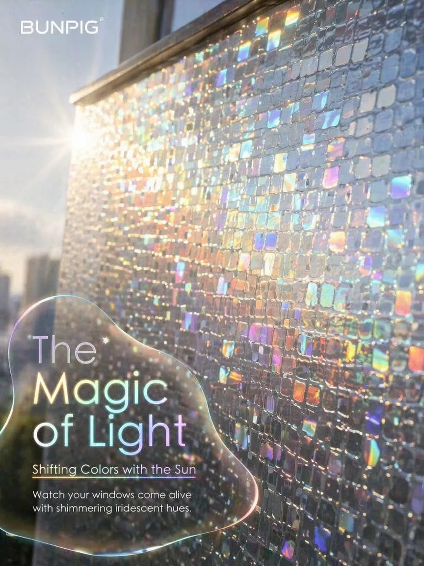 Premium Photochromic Rainbow 3D Decorative Window Film Static Cling UV Block Heat Control for Home Office Glass Door