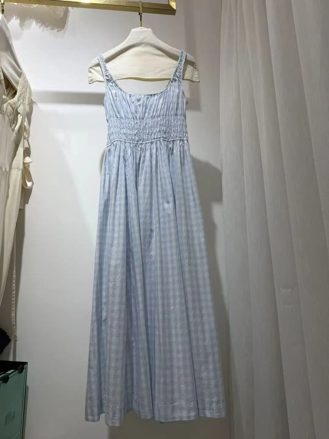Blue Plaid Women 100% Cotton Midi Dress Drawstring U-Neck Elastic Waist Sleeveless Holiday Casual Robe