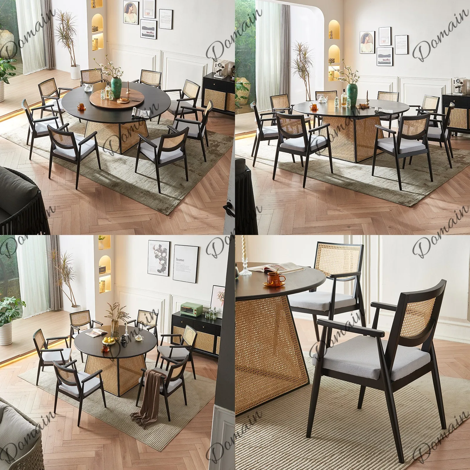 Wabi Sabi Rattan Solid Wood Dining Table Set with Lazy Susan Round Table for Restaurant Hotel Home