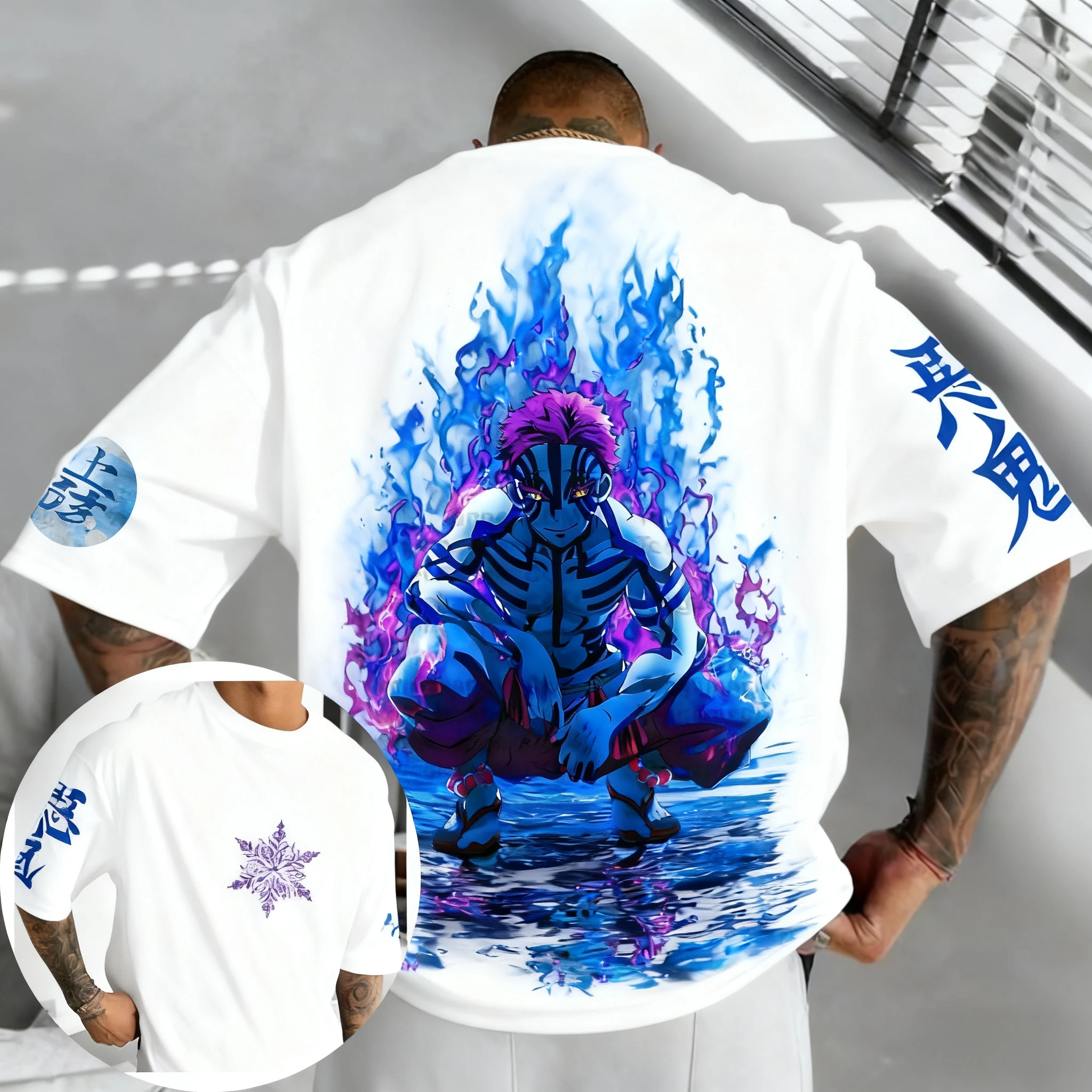 شيطان القاتل الرجال والنساء تي شيرت الصيف جديد Akaza أنيمي مطبوعة Harajuku حجم كبير الاتجاه Y2K عادية فضفاض الوالدين والطفل