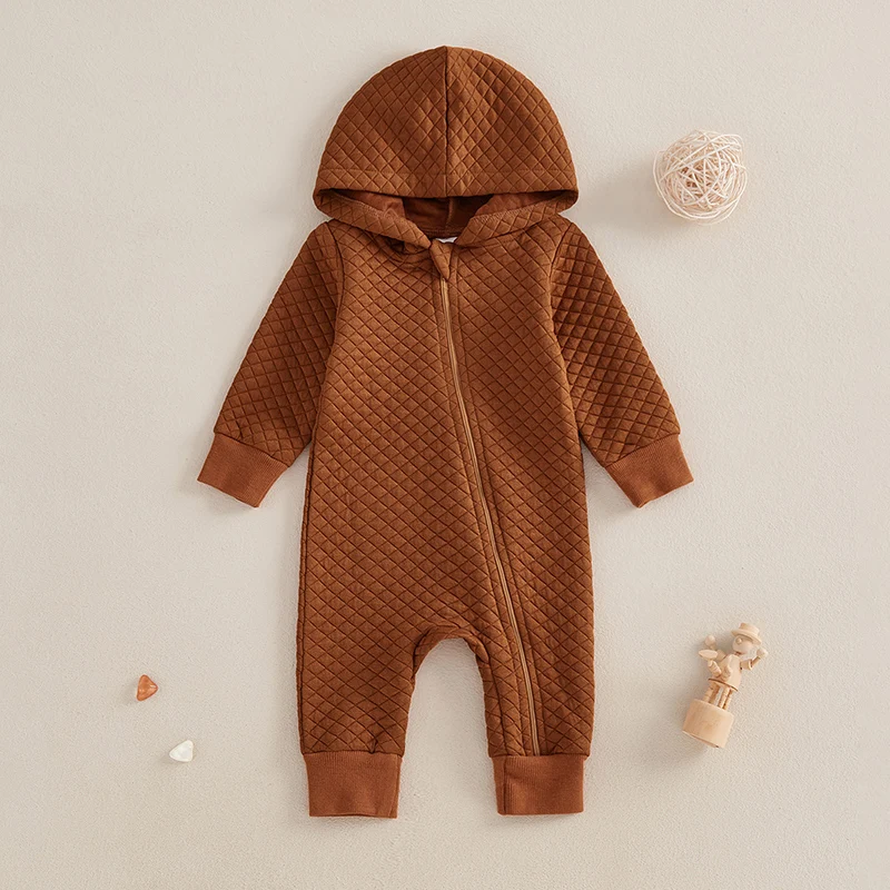 

Baby Boys Girls Hooded Jumpsuits Long Sleeve Quilted Zip Up Rompers Newborn Pajamas
