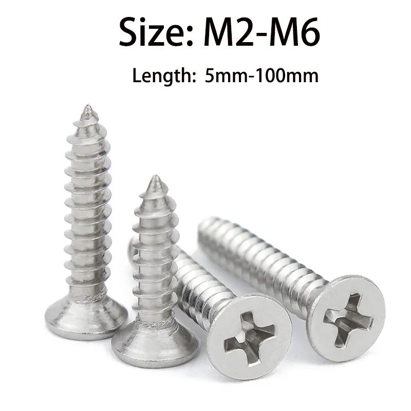 M2 M3 M4 M5 M6 Countersunk Head Phillips Self-tapping Screw 316 Stainless Steel Flat Head Cross Wood Screws Furniture