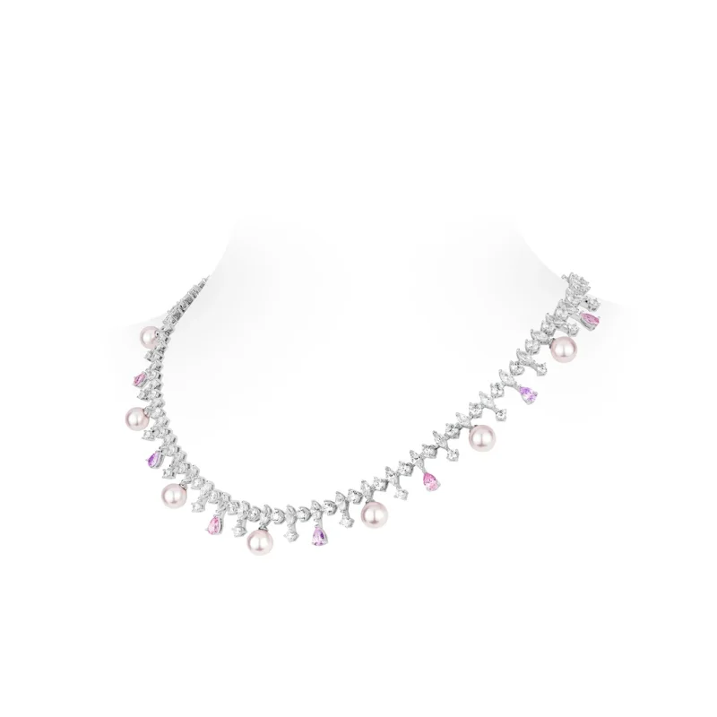 BELLUX 925 Silver Synthetic Zircon Pink White Water Drop Full Diamond Shell Pearl Fashion Jewelry Elegant Pearl Necklace