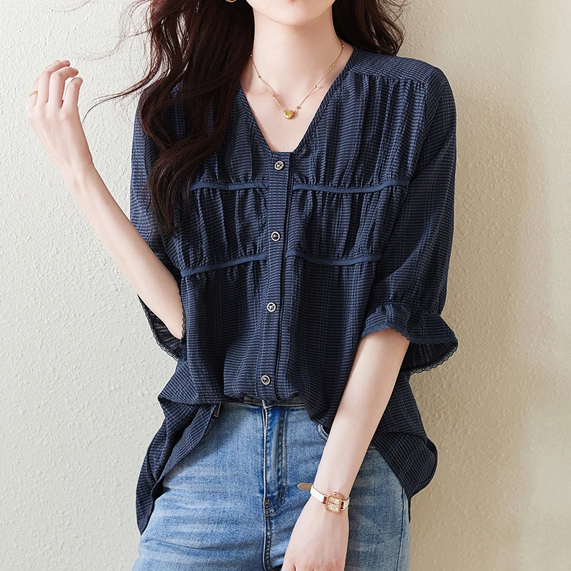 

QOERLIN V Neck Half Sleeve Single-Breasted Dark Bule Tops Blouse Women Summer Loose Casual Flare Sleeve Shirts Female 2024 New