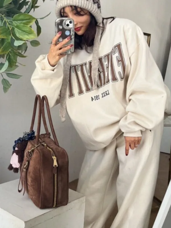 2026 Spring Autumn Winter Fleece Lined Hoodie And Loose Trousers Set Warm Versatile Casual Outfit Two Piece Women's Tracksuit