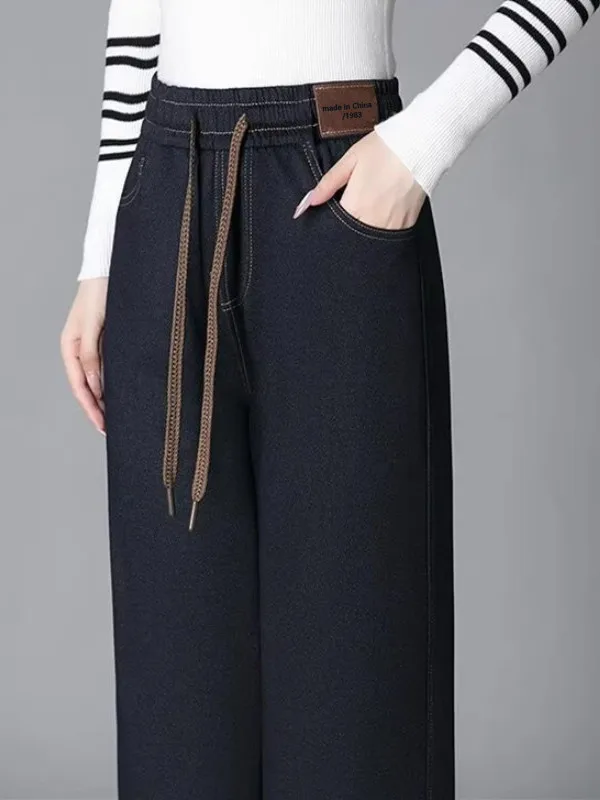 Retro Fce gevoerde nep-denim broek met wijde pijpen Rechte casual broek Hoge taille Elastisch polyestervezel Dames Faion