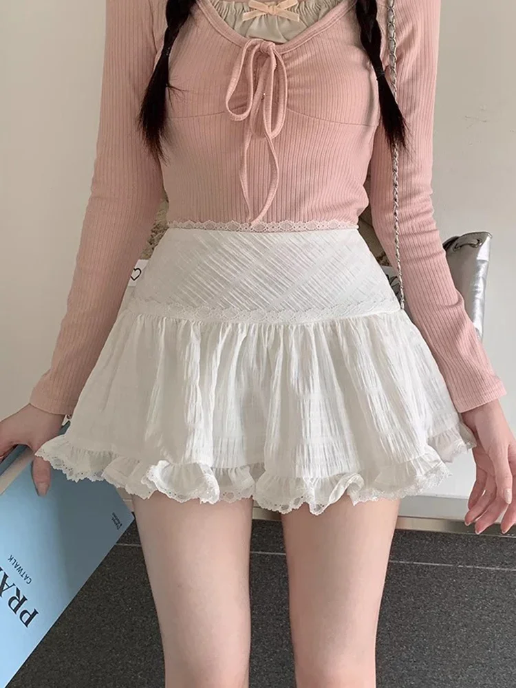 

HOUZHOU Kawaii White Mini Skirt Women Summer Fairycore Sexy High Waist Ruffle Lace Mesh Patchwork A-line Skirt Shorts Korean