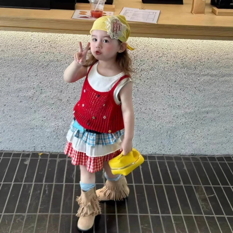 2026 Summer New Children's White Cotton Tank Top Knitted Small Flower Strap and Checkered Cloth Short Skirt 3-Piece Set