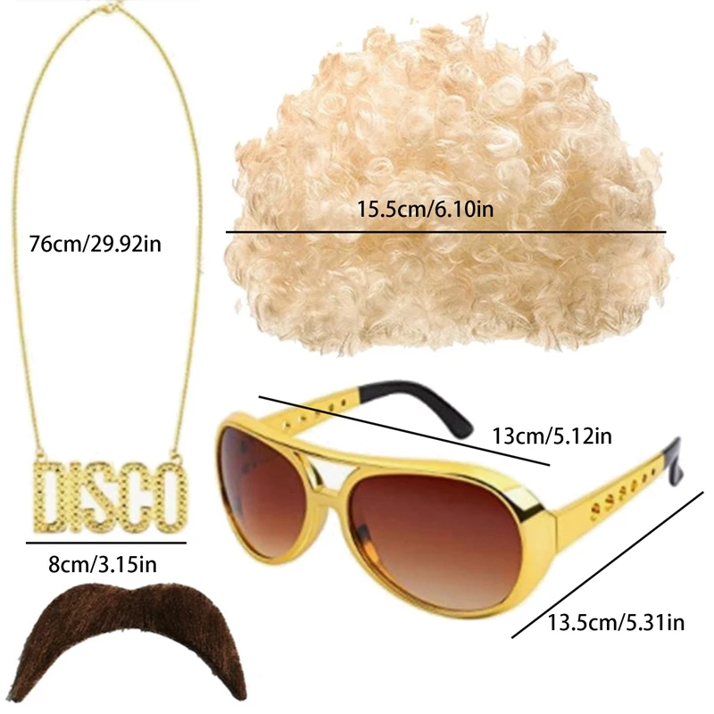 Disco Hip Hop Costume Set Funky Afro parrucca occhiali da sole baffi Stick lettera segno di pace collana per 50/60/70s/80s festa a tema