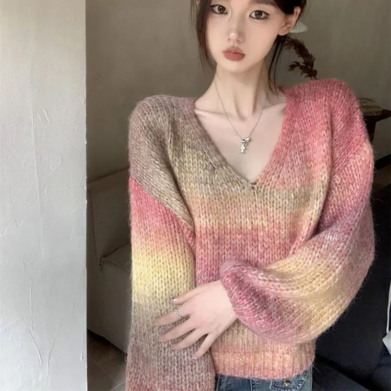 

Sweet Gradient Color V-Neck Sweaters Woman Winter Thick Soft Knitted Sweater Women Retro Loose Long Sleeve Knitwear Top