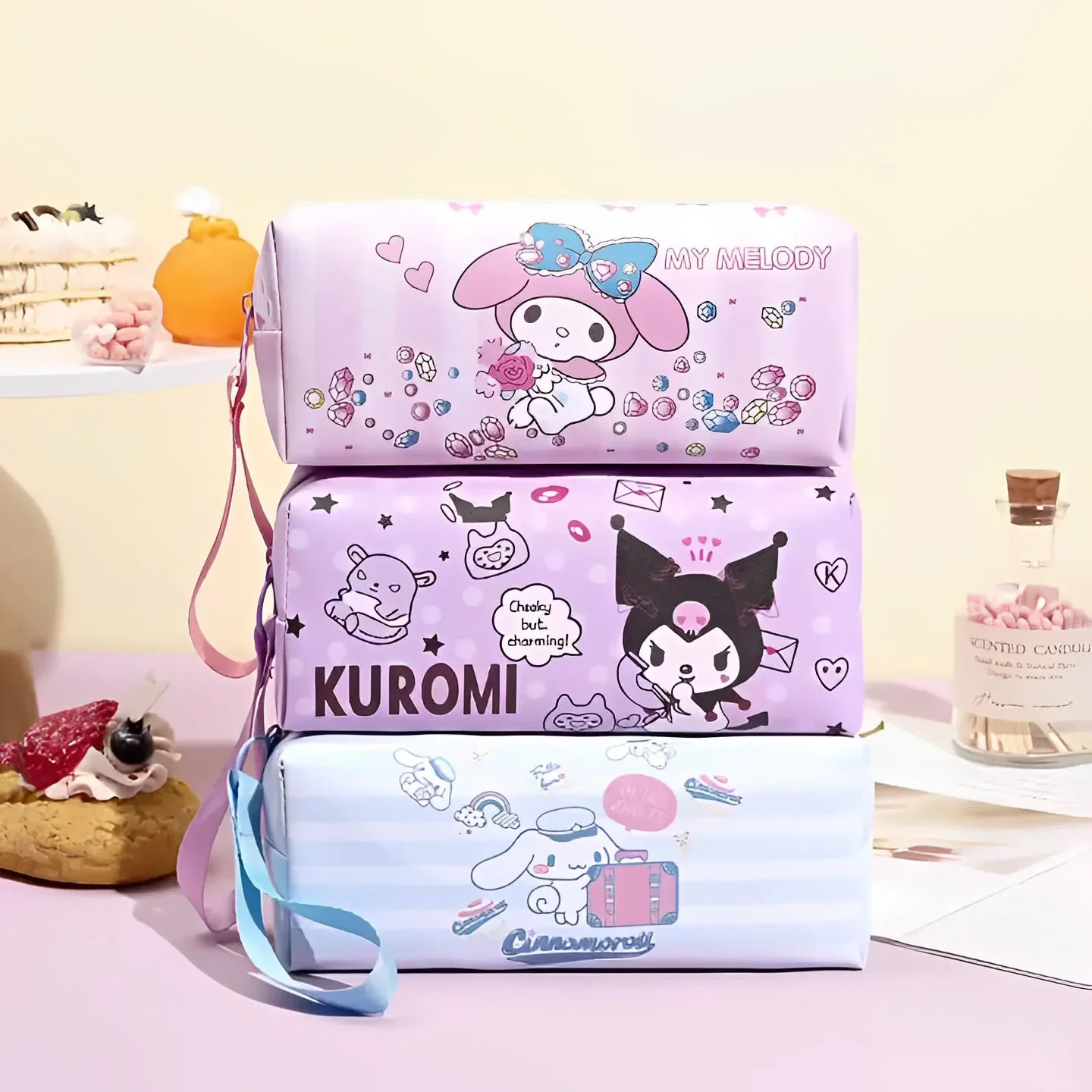 Sanrio Waterproof Portable Cosmetic Bag Student Pencil Case for Girl Women Cinnamoroll Hello Kitty Kuromi Melody Storage Bag