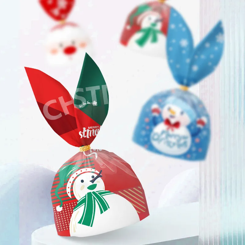 50pcs Kantong Camilan Natal Berbentuk Telinga Kelinci yang Dipersonalisasi, Kantong Kue Salju, Kantong Permen, Kantong Kue, Kantong Plastik 3D untuk Hadiah Natal