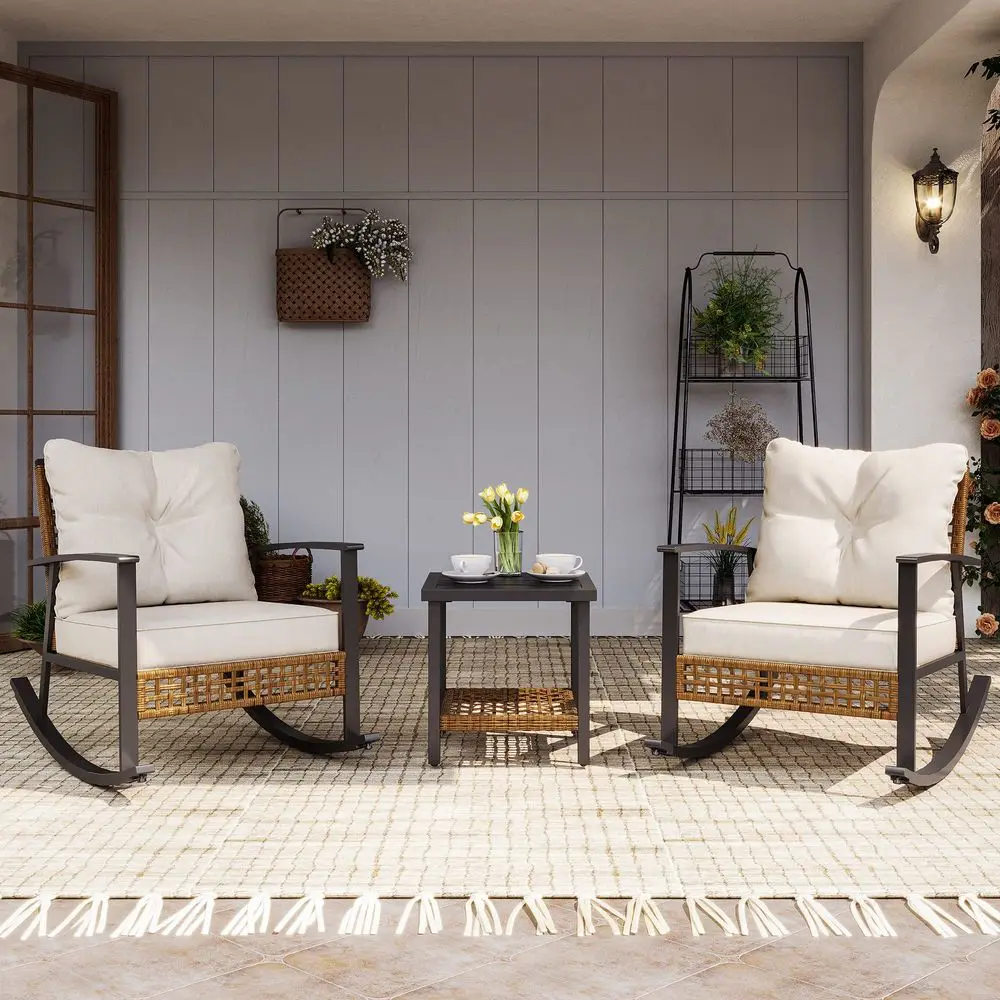 

3Piece Rocking Bistro Set, Outdoor Patio Furniture with Thick Cushions and 2Tier Coffee Table, Oversize Rattan Conversation Set