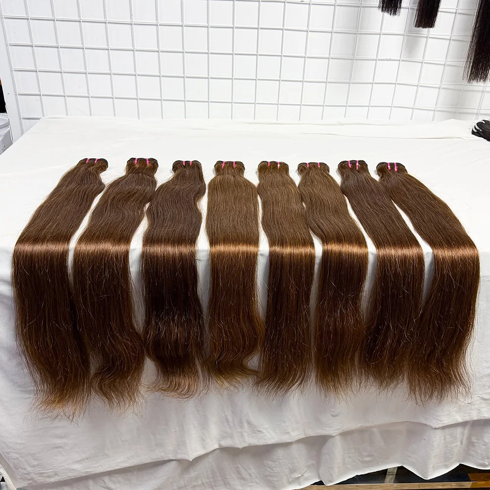 100 جرام/الحزمة 4 # الشوكولاته اللون حزم من شعر طبيعي مفرود 8-30 بوصة النسيج وصلات شعر ريمي شعر ناعم مستقيم السائبة #2