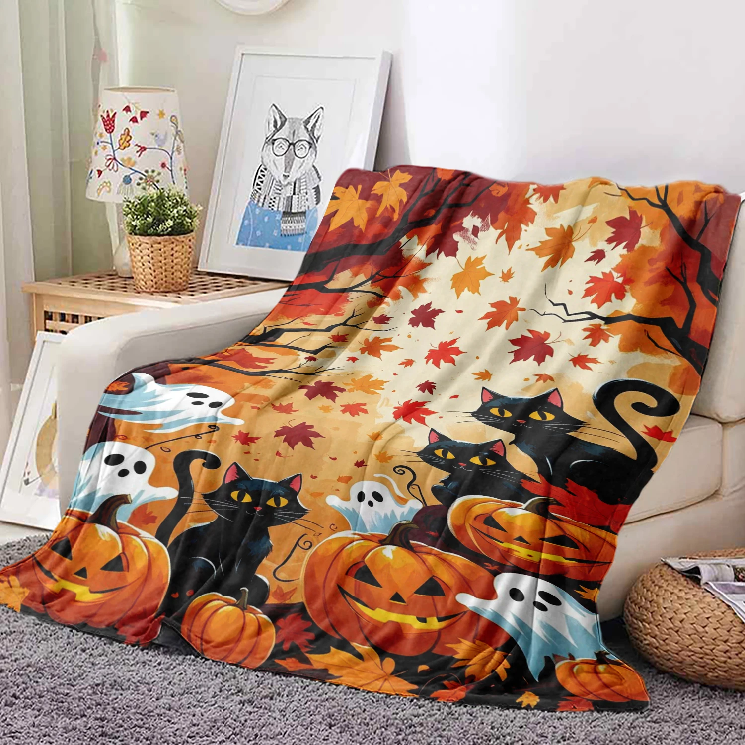 Festive Halloween Pumpkin and Ghost Print Flannel Blanket Perfect gift for Sofa Office Bed Plane Travel Sleep Read Relax Camping