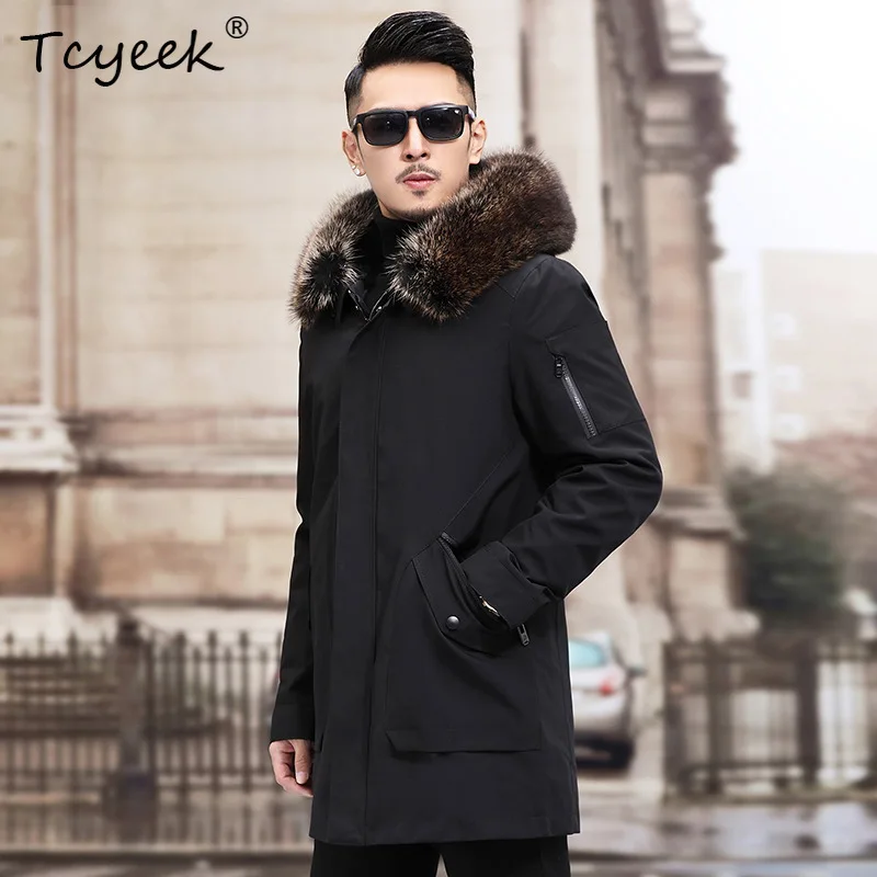 Tcyeek Sliver Fox Fur Collar Winter Jackets for Men Warm Rabbit Fur Liner Detachable Coat Man Clothing Fashion Real Fur Parka