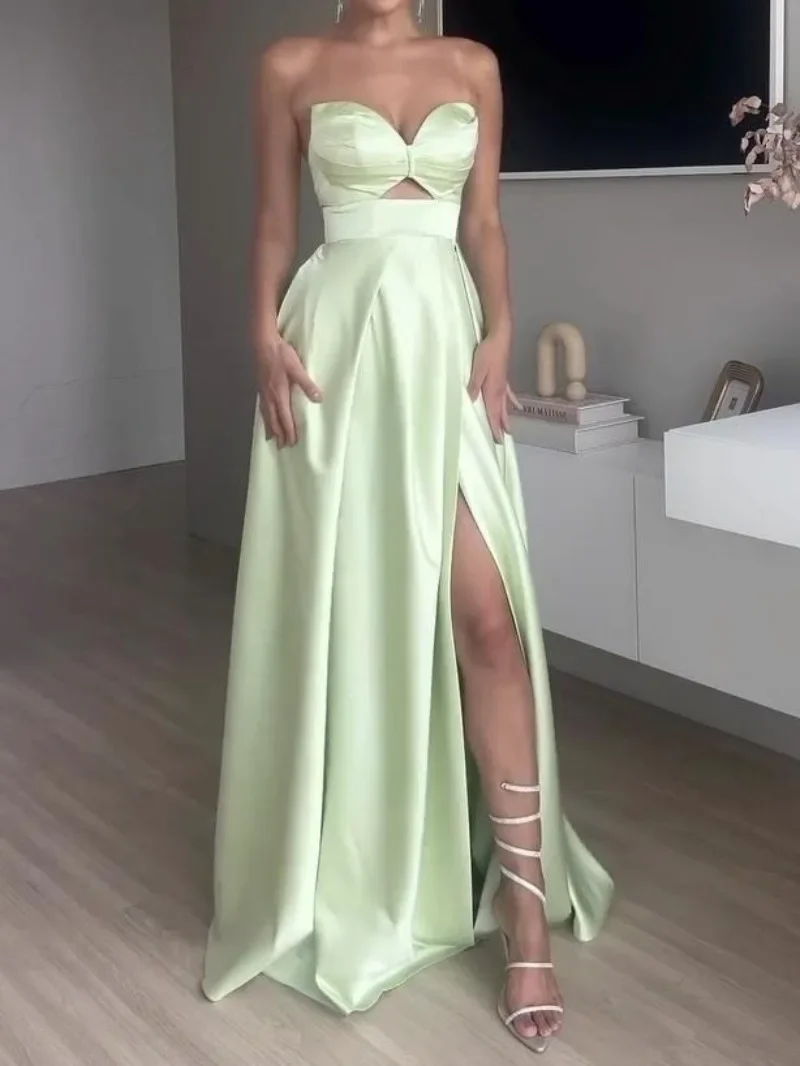 

Sexy Solid Color High Slit A-line Prom Dresses Hollow Slim Waist Vestido Fiesta Luxury Solid Silk Satin Graduation Dress