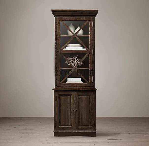 

Американский светлый роскошный книжный шкаф со стеклянной дверью из цельного дерева, многослойная напольная полка, европейский ретро