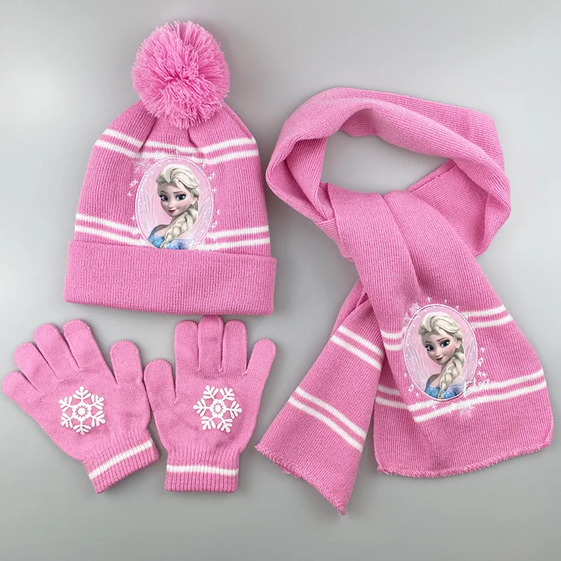 Winter New Disney Princess Knitted 3pcs/Set Girl Hat Scarf Gloves Frozen Princess Elsa Cartoon Children'S Warm Outdoor Kids Gift